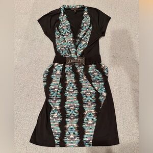 Great quality black and teal belted dress